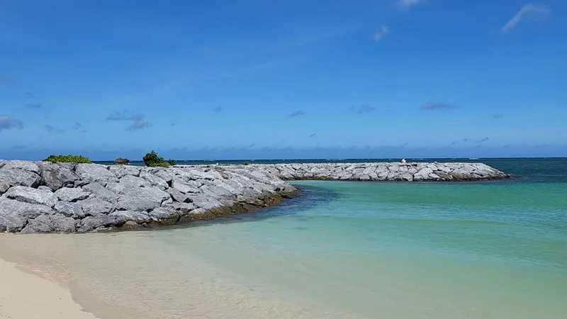 Breakwater and calm turquoise water at Sunset Beach in Chatan Okinawa