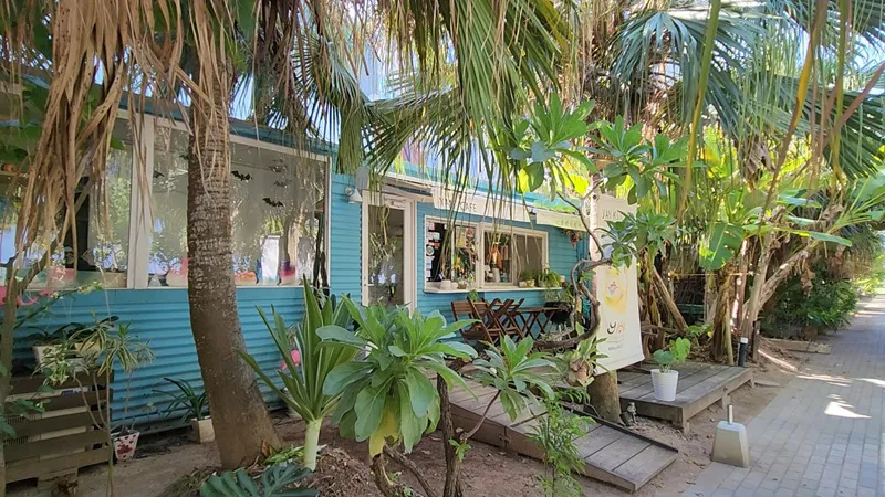 Small café surrounded by tropical plants near Sunset Beach in Chatan Okinawa