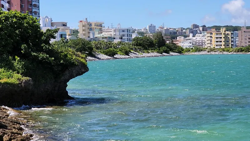 Rocky shoreline with turquoise water near Sunset Beach in Chatan Okinawa