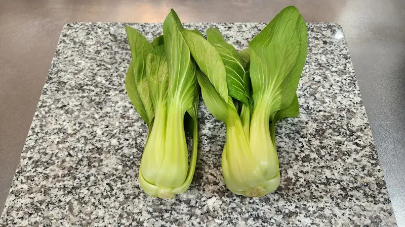 キッチンの作業台の上に置かれた新鮮なチンゲン菜。
日本のだしに使われる包装された乾燥昆布。