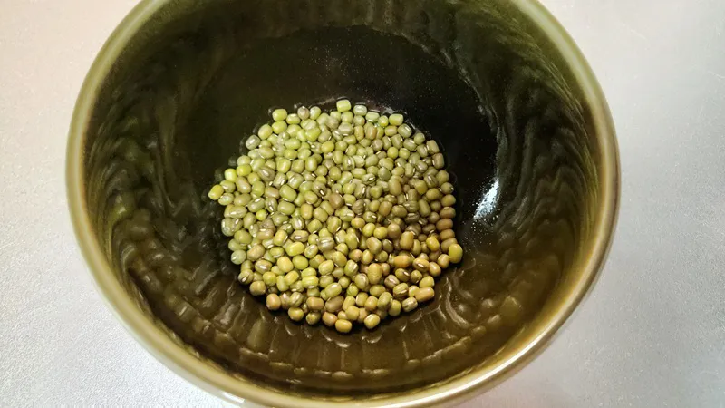 ボウルに入った乾燥した緑豆のクローズアップ。
