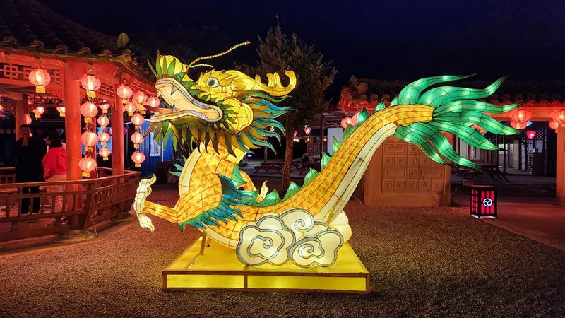 Colorful illuminated dragon lantern displayed outdoors at night